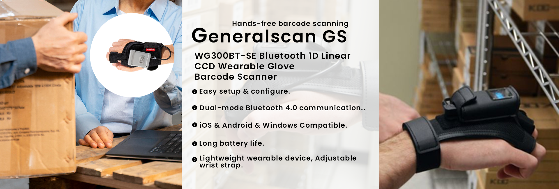 Generalscan GS WG300BT-SE Bluetooth 1D Linear CCD Wearable Glove Barcode Scanner